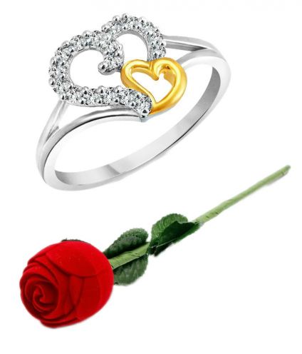 Valentine Silver Couple Heart And Rhodium Plated Alloy Ring For Girls And Women