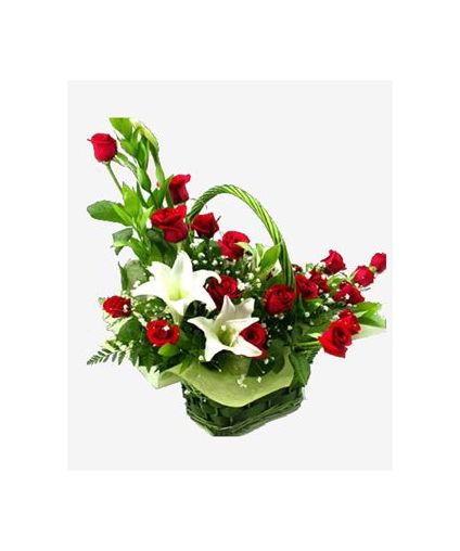 Lilies and roses in basket